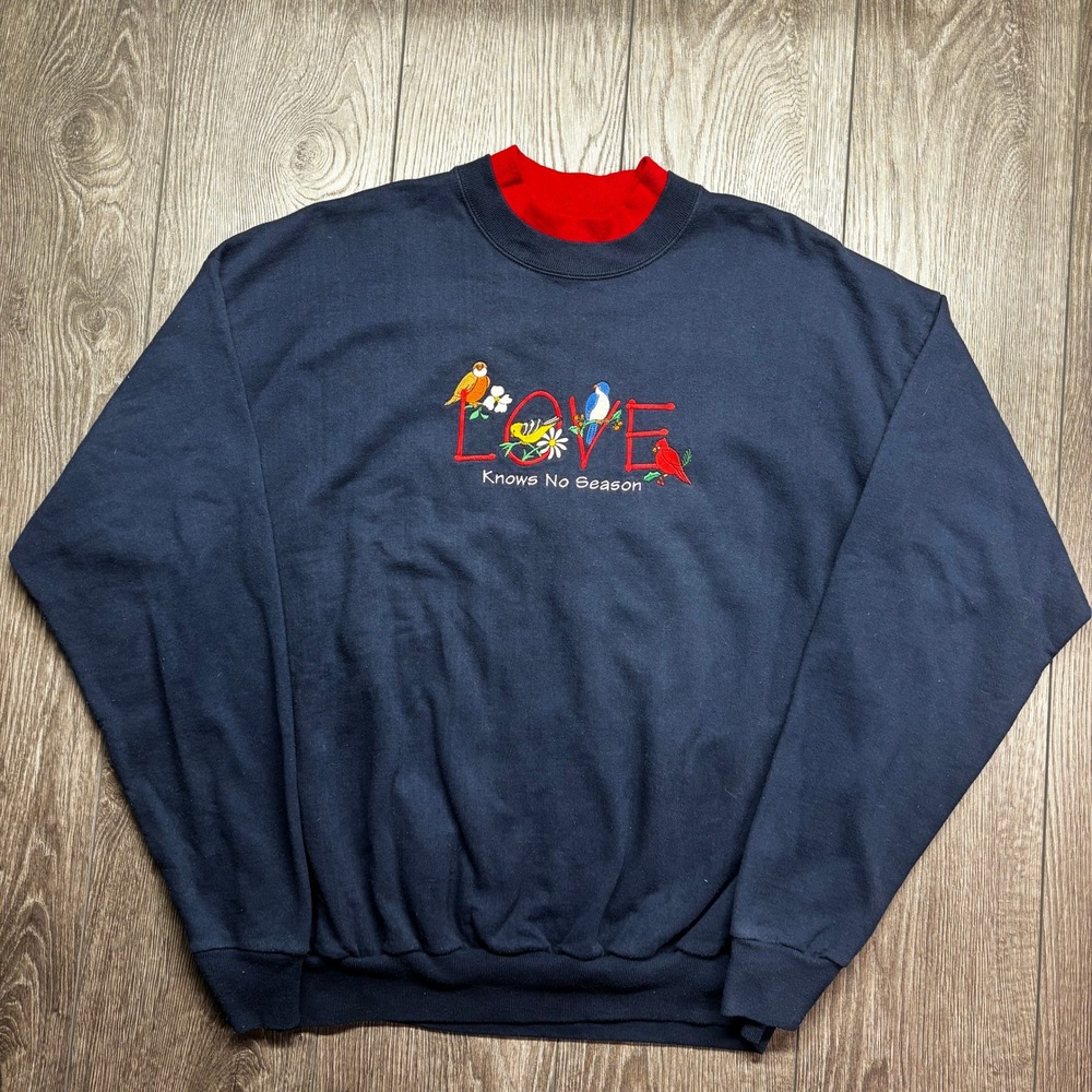 Vintage Navy Blue Bird LOVE Embroidered Cottage Sweatshirt Mens XL 1X